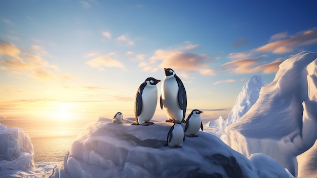 Polar penguin family with sunshine Generative AI