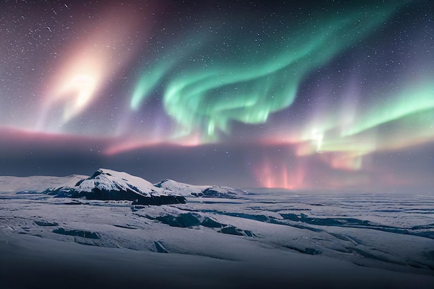 Polar Snowy Rocky Landscape with Majestic Aurora Borealis Spectacular 3D Artwork