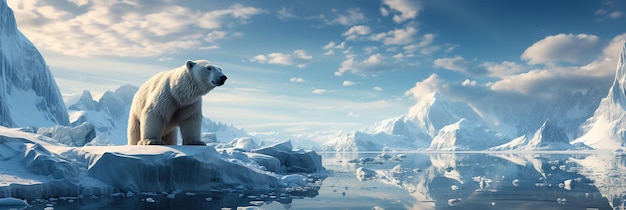 polar white bear on an iceberg with snow and ice near the water in winter in the Arctic