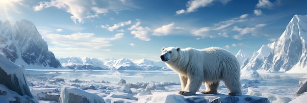 북극의 겨울에는 물 근처에 눈과 얼음이 있는 빙산 위의 북극곰