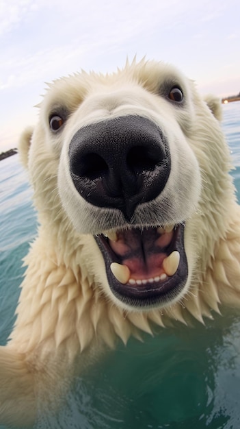Polar white bear touches camera taking selfie Funny selfie portrait of animal
