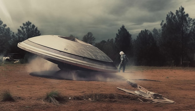 Photo polaroid color photograph of a crashed flying saucer with a hole in the side