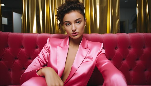 Polaroid photography female model pink satin casual suit gold velvet sofa super large retro spac