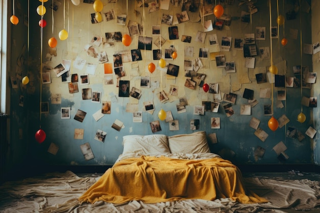 Polaroid Photos Scattered on Vintage Bedspread