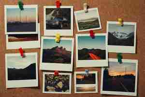 Photo polaroidstyle snapshots pinned on a bulletin board