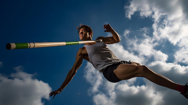 Photo pole vaulter midair over the bar during a track event