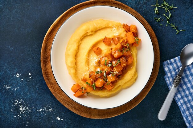 Polenta met boter, pompoen, knoflook, hartig en Parmezaanse kaas in witte kom op donkerblauwe betonnen ondergrond. Traditioneel basis Italiaans eten, veganistisch eten. Bovenaanzicht. Ruimte kopiëren.