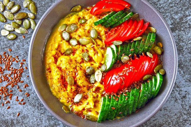 Polenta met groenten. maïspap met groenten. veganistische lunchkom met maïspap. veganistische polentameel, groenten, lijnzaad en pompoenpitten.