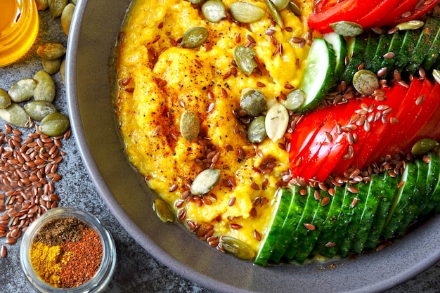 Polenta met groenten. Maïspap met groenten. Veganistische lunchkom met maïspap. Veganistische polentameel, groenten, lijnzaad en pompoenpitten.