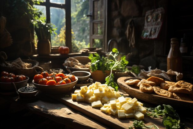 Polenta with Ragu in a Dolomite mountain cottage with snow falling softly generative IA