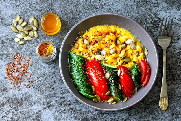 Polenta with vegetables. Corn porridge with vegetables. Vegan lunch bowl with corn porridge. Vegan polenta meal, vegetables, flax seeds and pumpkin seeds.