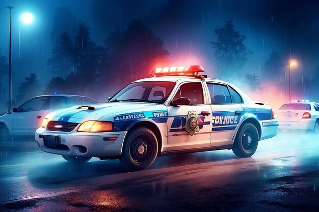 Police car chasing a car at night with fog background 911 Emergency response police car speeding