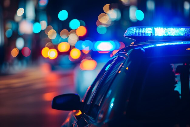 Police car lights at night in city street with selective focus and bokeh