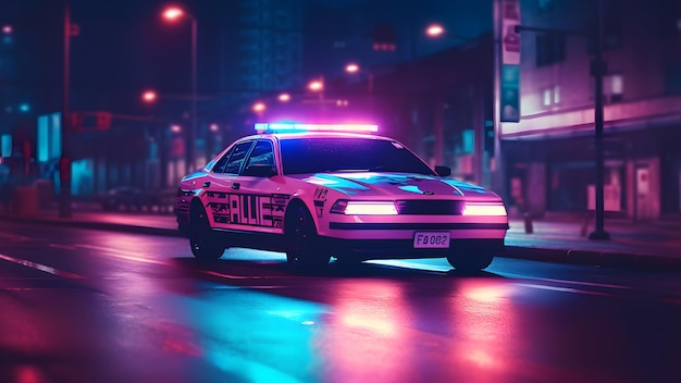 Полицейская машина на дороге ночью в фиолетовых тонах, сгенерированная нейронной сетью
