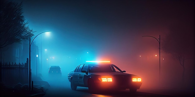 Police car with red and blue lights in the fog During the night the police raided Generative AI