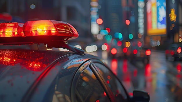 Photo police car with red emergency lights flashing at night