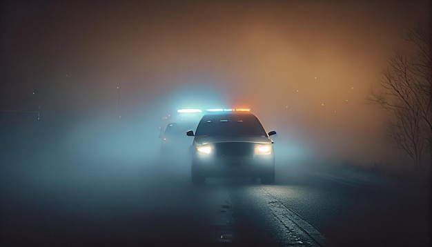 Police cars drive through the fog Generative AI