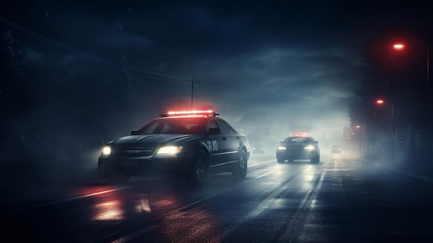 Photo police cars driving at night chasing a car in fog 911 police car rushing to crime scene