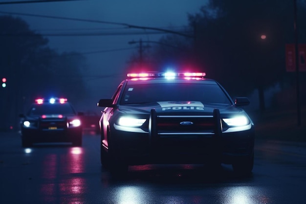 Photo police cars on the road with lights on