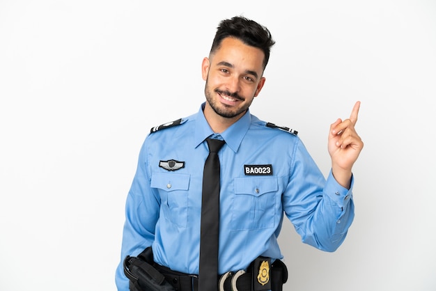 Police caucasian man isolated on white background showing and lifting a finger in sign of the best