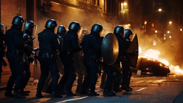 Police forces during street riot at night