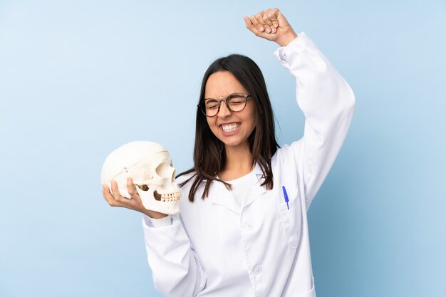 Police forensic specialist woman celebrating a victory