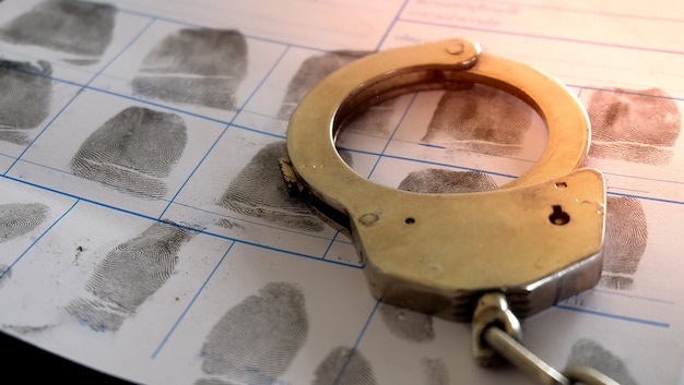 Photo police handcuffs on fingerprints crime page file