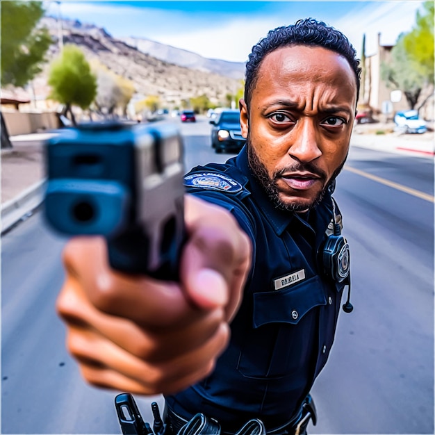 police holding hand gun pointing to front