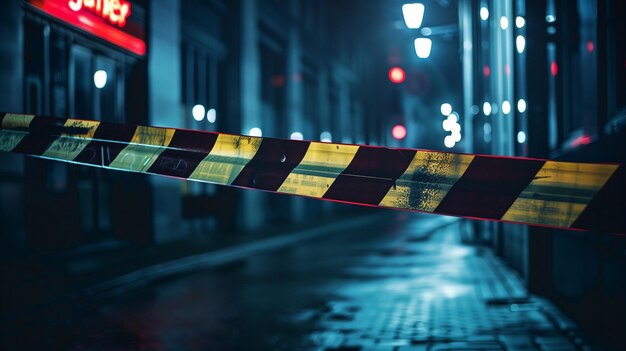 Photo the police line warning tape on a dark blue background warning