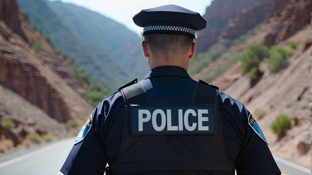 Police Man On Canyon Highway Low Angle Cinematic View From Back