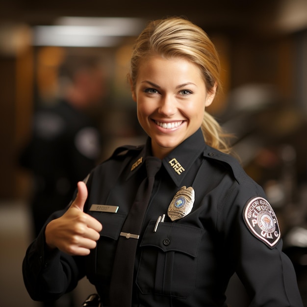 A police man woman showing level up thumb