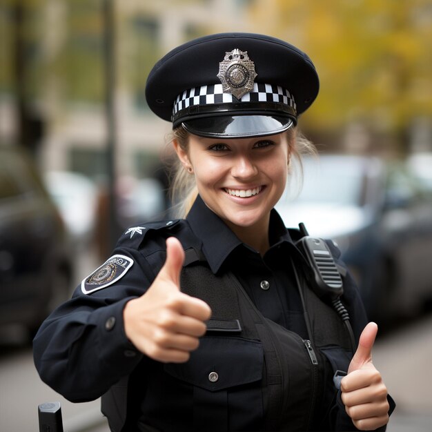 A police man woman showing level up thumb