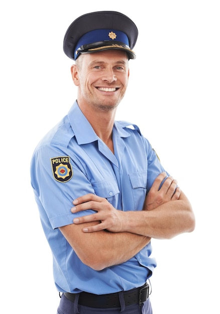 Police officer arms crossed and man isolated on a white background for career vision leadership and studio portrait Security law and compliance professional person or happy model in uniform