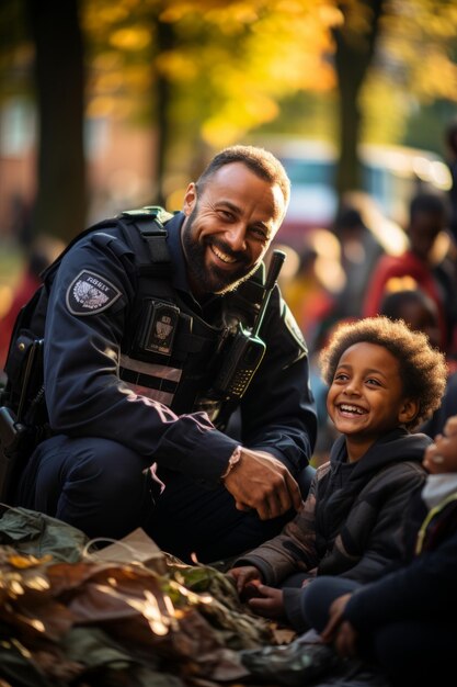 Photo police officer engaging with children in a community outreach event generative ai