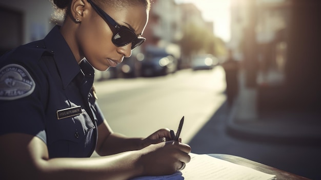 Foto agente di polizia giovane adulto afroamericano di sesso femminile che scrive una multa in strada generative ai aig22