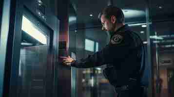 Photo a police officer is looking into a vending machine