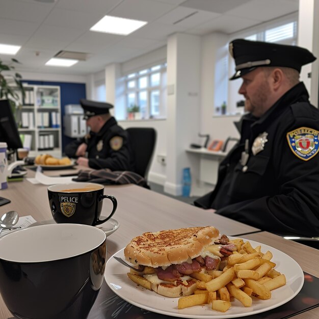 a police officer is sitting at a table with a plate of food and a coffee cup