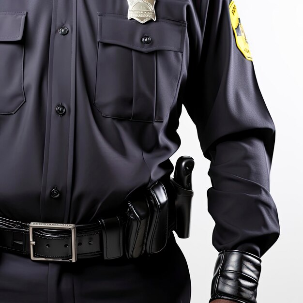 A police officer is wearing a black uniform