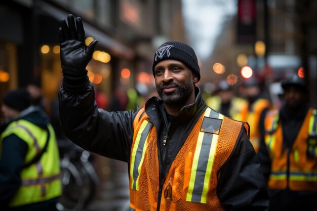 Police officer in a reflective vest directing traffic during a parade Generative AI