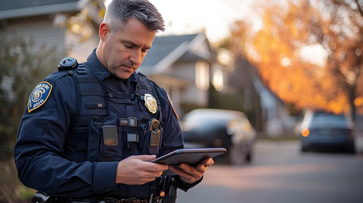 A police officer reviewing GPS data and body cam footage on a tablet while coordinating with other units in the field