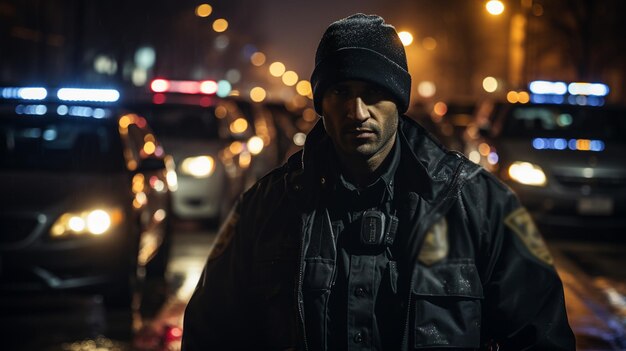 Photo police officer standing at night city