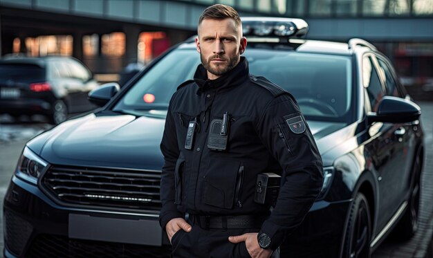 A Police Officer Standing Next to a Parked Car