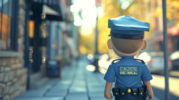 Photo a police officer stands on a city street his back to the camera he is wearing a blue uniform and a hat the street is blurred in the background