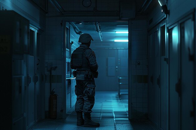 a police officer stands in a dark room with a fire hydrant in the middle