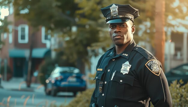 Photo a police officer stands in front of a wall wearing a hat and sunglasses