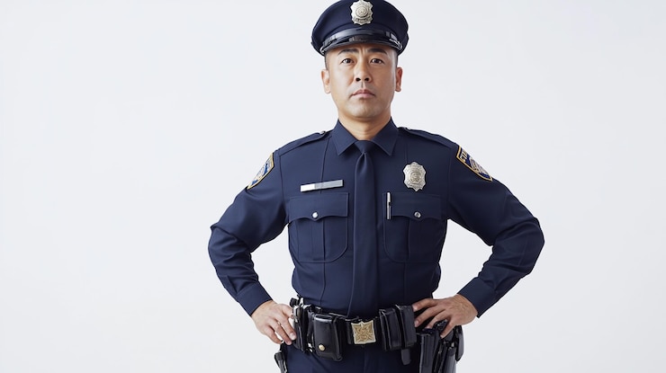 Photo 警察官が白い背景の前に立っています