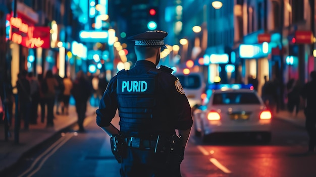 Foto un poliziotto fa la guardia in una strada trafficata di notte, le luci della città sono sfocate sullo sfondo.