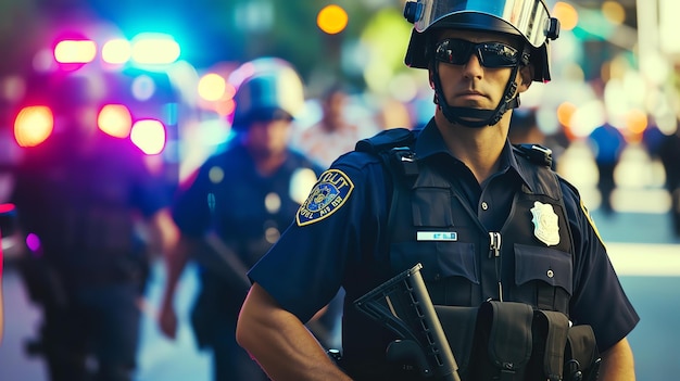 Photo a police officer stands guard during a protest he is wearing a helmet sunglasses and a bulletproof vest he is carrying a gun and a nightstick