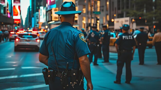 Photo a police officer stands guard in times square new york city