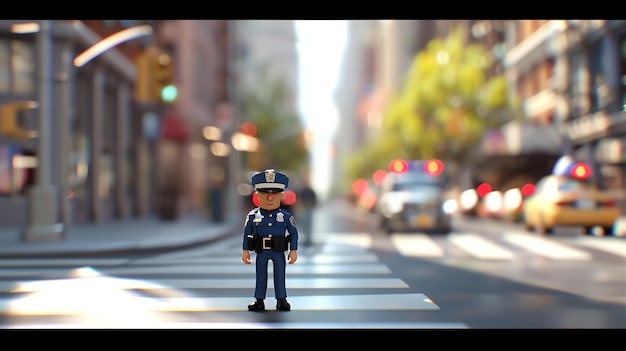 Foto un poliziotto si trova in mezzo a un attraversamento pedonale trafficato che dirige il traffico indossa un'uniforme blu un cappello e un distintivo